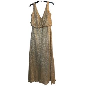 Sorella Vita Gold Sequined Plunge Neckline Sheath Gown 8938- Size 14